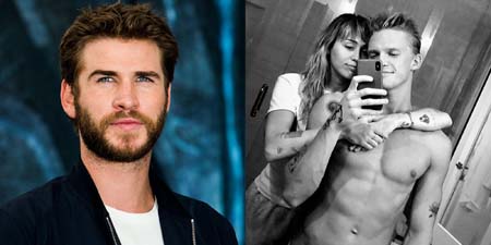 Liam Hemsworth in a collage photo with Cody Simpson and Miley Cyrus.